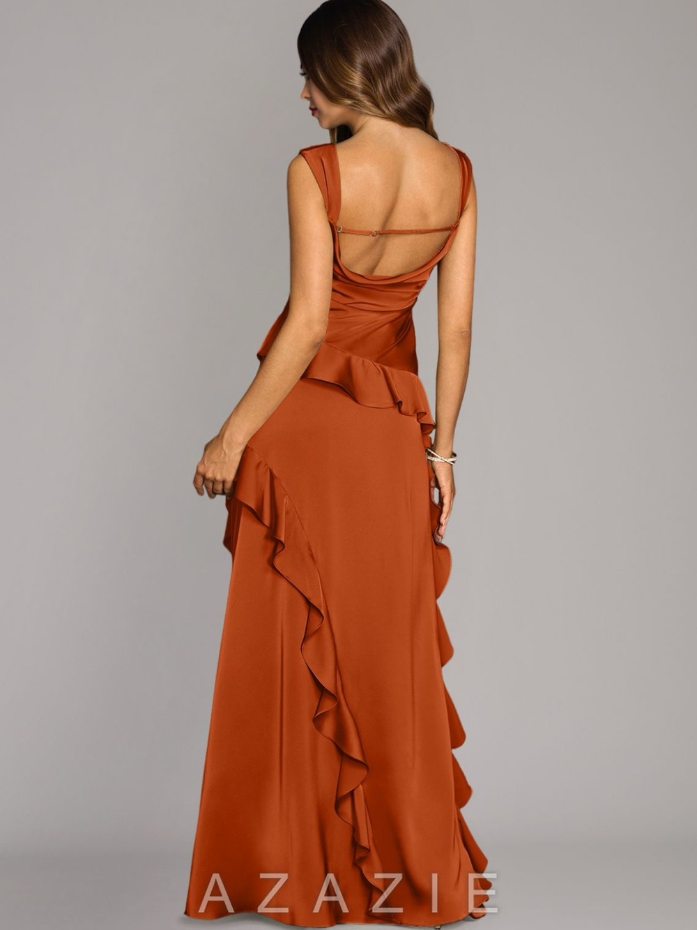 Azazie Orange Ruffle-Side Prom Gown - Picture 2 of 2